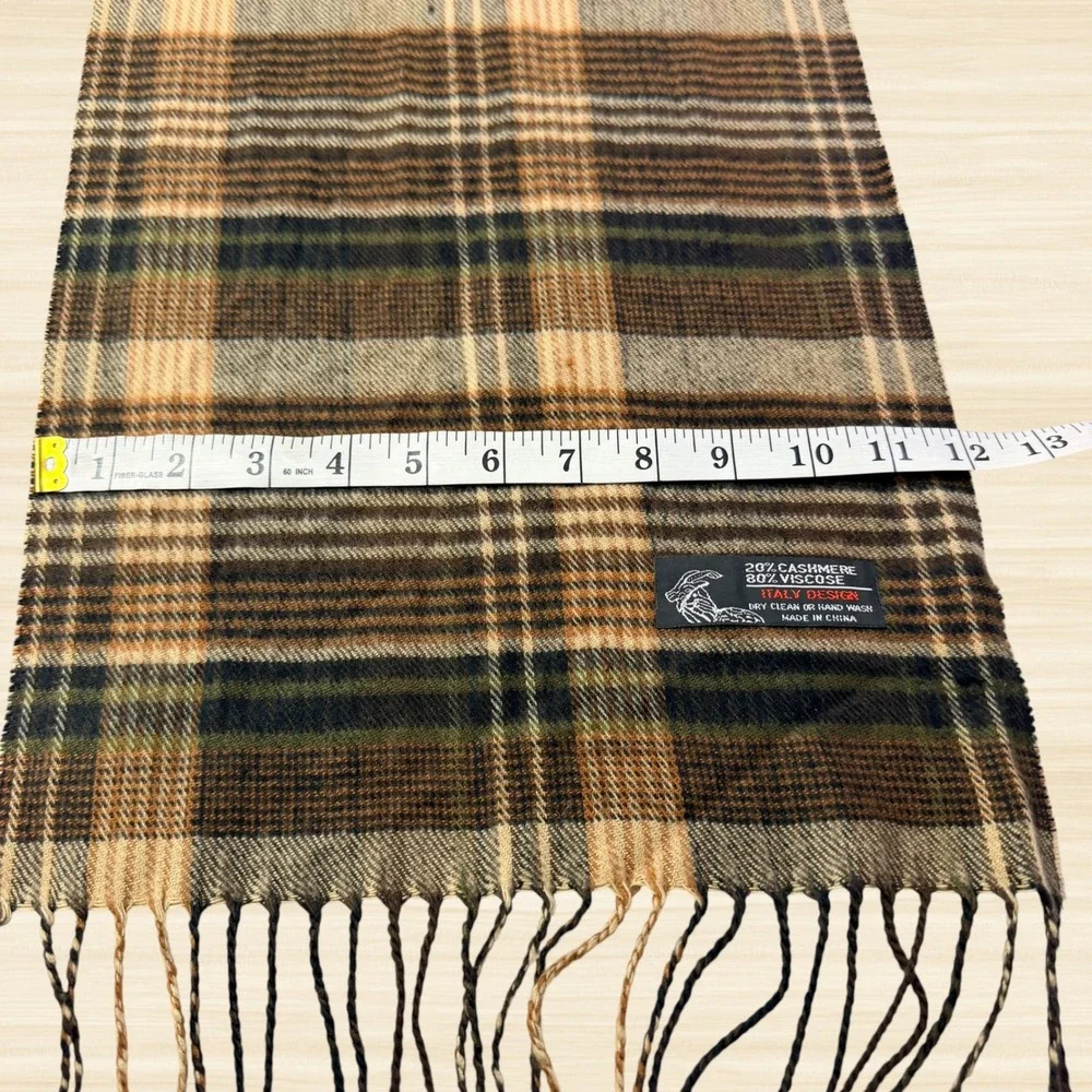 Cashmere Blend Plaid Scarf Brown Tan Tartan Fringe Italy Design Classic Preppy
